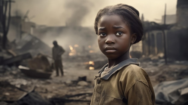 Um rosto triste de uma pequena menina africana de pé em frente a edifícios em colapso área de desastre natural ou vítima de guerra bela generativa AI AIG32