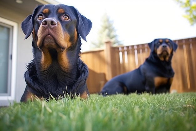 Um rottweiler em um quintal com o rabo em foco com o cachorro desfocado ao fundo