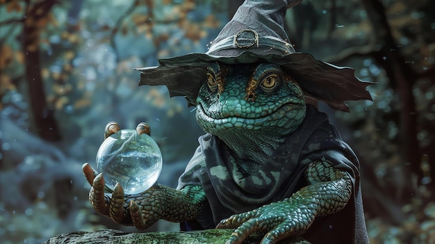 Foto um sábio e poderoso feiticeiro lagarto está na floresta segurando uma bola de cristal em sua mão ele está vestindo um manto escuro e um chapéu alto e pontiagudo