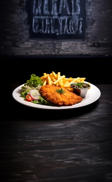 Foto um sabor de tradição saborosa salsicha schnitzel deliciosas batatas fritas e salada culinária