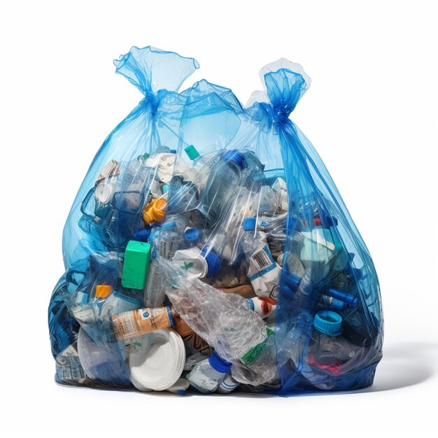 um saco azul de garrafas de plástico com um saco de plástico azul que diz que não é gerado lixo