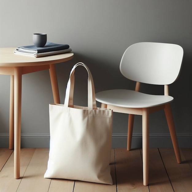 Foto um saco branco simples é colocado em uma cadeira de mesa em uma sala cinza