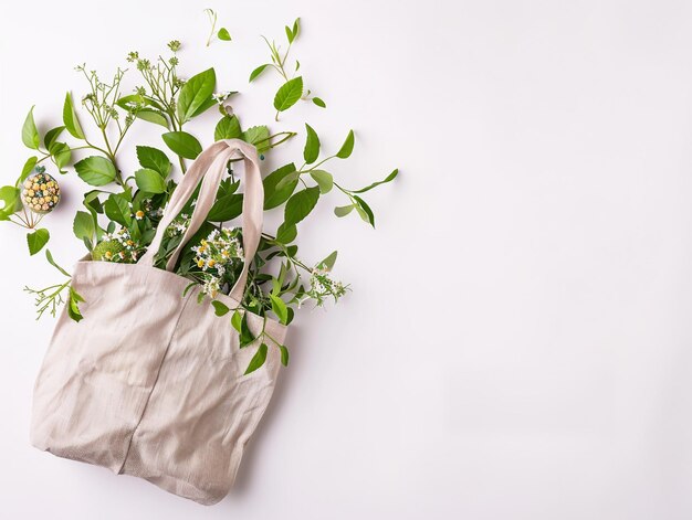 Um saco com flores e plantas em um fundo branco