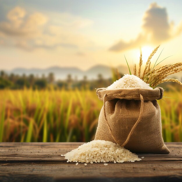 um saco de arroz sentado em uma mesa de madeira com o sol atrás dele