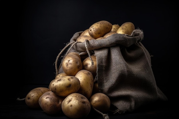 Um saco de batatas em um fundo preto