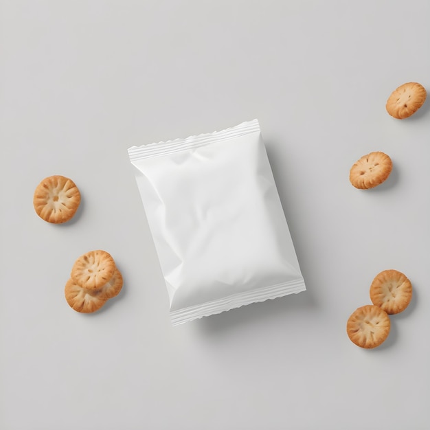 Foto um saco de biscoitos com um saco de bolinhos no fundo