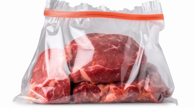 Um saco de carne bovina fica sobre uma superfície branca