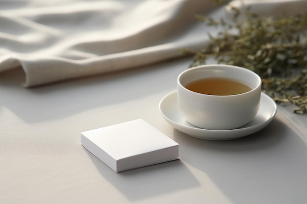 Um saco de chá branco é colocado no lado de uma mesa branca com uma chávena de chá gerada pela IA