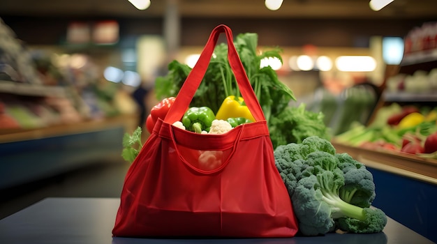 Foto um saco de compras de tecido reutilizável cheio de mantimentos evitando o uso de sacos de plástico