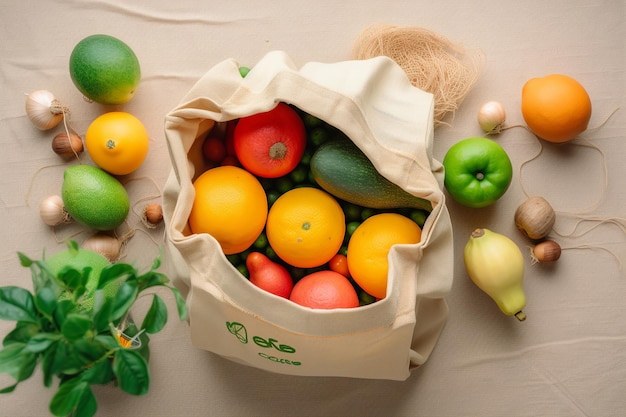 Foto um saco de compras reutilizável com um saco ecológico verde ao lado.