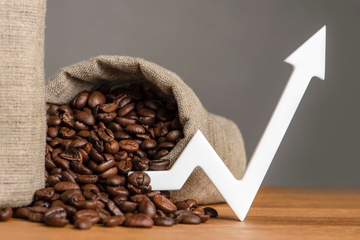 Foto um saco de grãos de café e uma seta de gráfico apontando para cima o custo do café nos mercados do mundo o conceito de crescimento do custo dos grãos de café