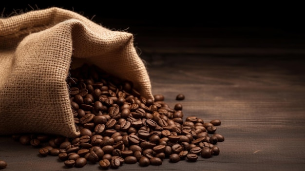 Um saco de grãos de café está cheio de grãos de café.