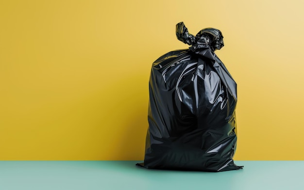 Um saco de lixo preto solitário amarrado simbolizando a eliminação de resíduos