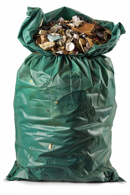 Um saco de lixo verde cheio de lixo fica em um fundo isolado branco