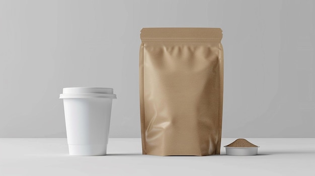 um saco de papel castanho ao lado de uma chávena de café