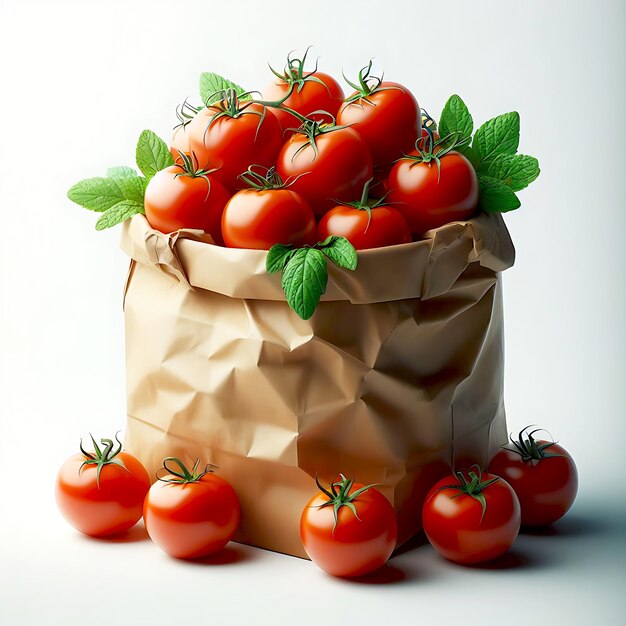 Foto um saco de papel cheio de muitos tomates vermelhos