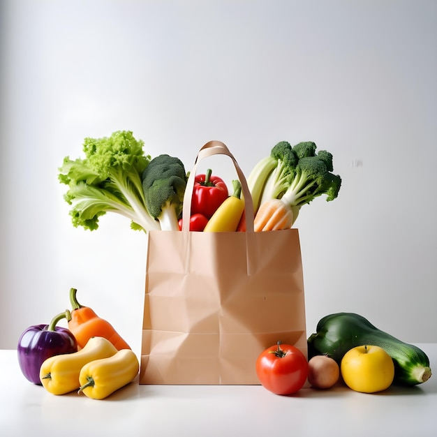 um saco de papel com vegetais e frutas e vegetais nele