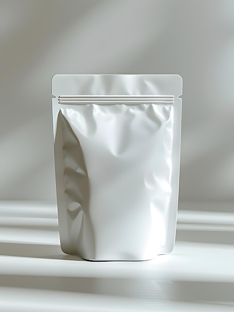 Foto um saco de plástico branco com um zíper é colocado em uma mesa