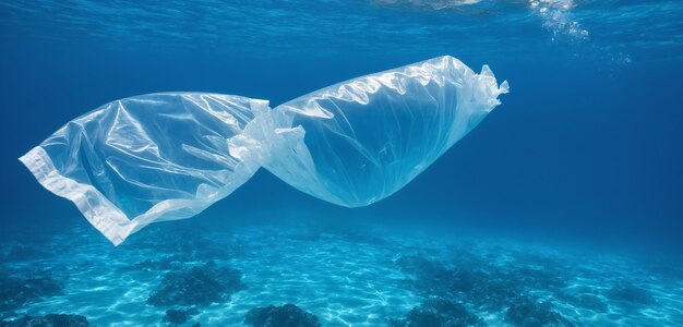 Foto um saco de plástico descartado flutua no oceano azul poluição oceânica
