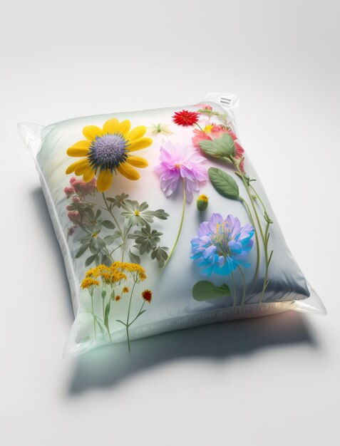 Um saco de plástico transparente com flores que diz "água".