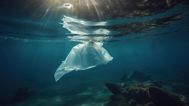 Um saco plástico flutua no oceano