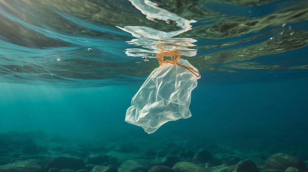 um saco plástico flutuando no oceano