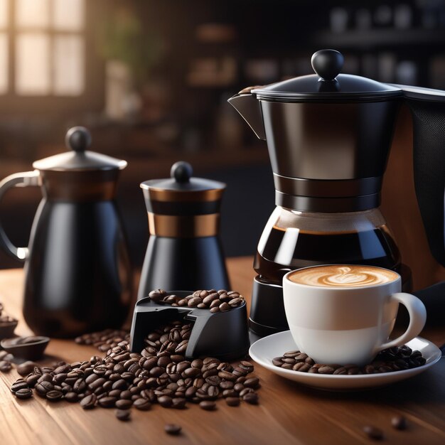 um saco preto de café e cafeteira no fundo do café