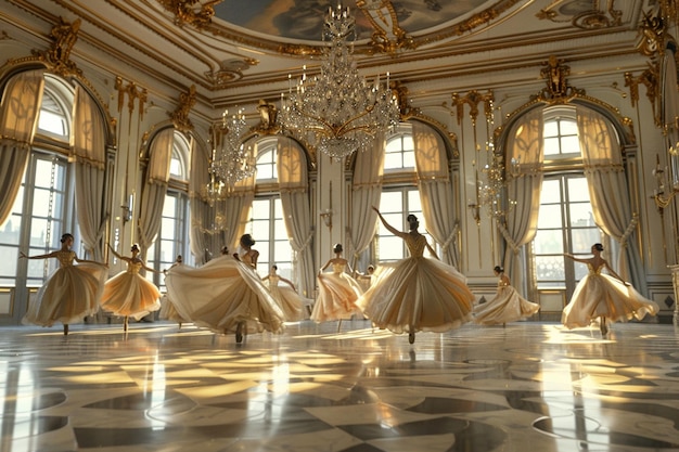 Um salão de baile elegante com dançarinos a girar em deslumbrante