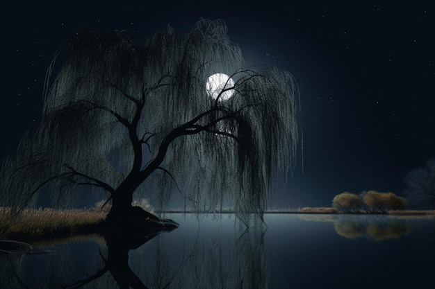 Um salgueiro à beira do lago com a lua ao fundo