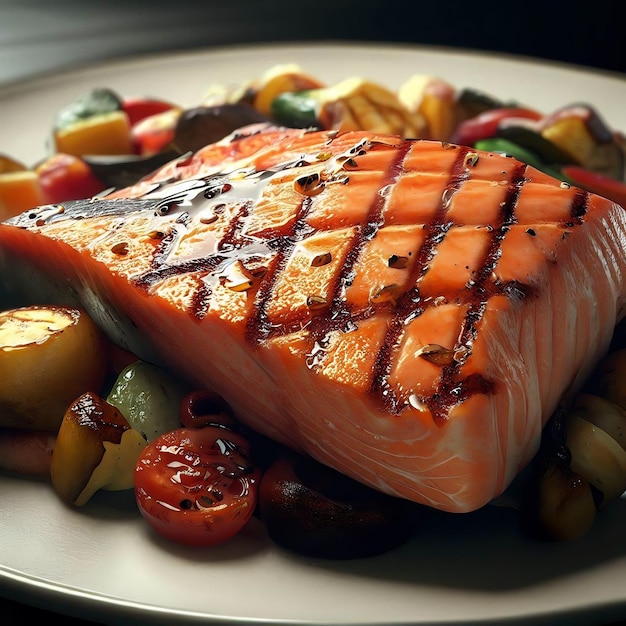 Um salmão em um prato com legumes e carne