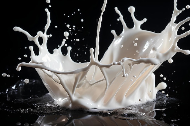 Um salpico de leite está sendo derramado em um copo de leite sobre um fundo preto com um reflexo do
