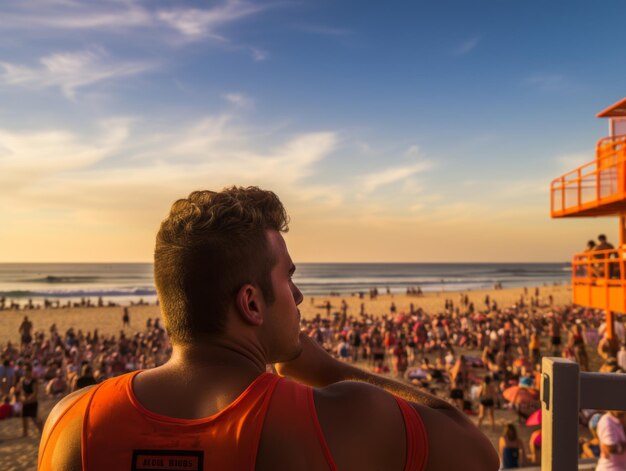 Foto um salva-vidas vigiando nadadores em uma praia lotada