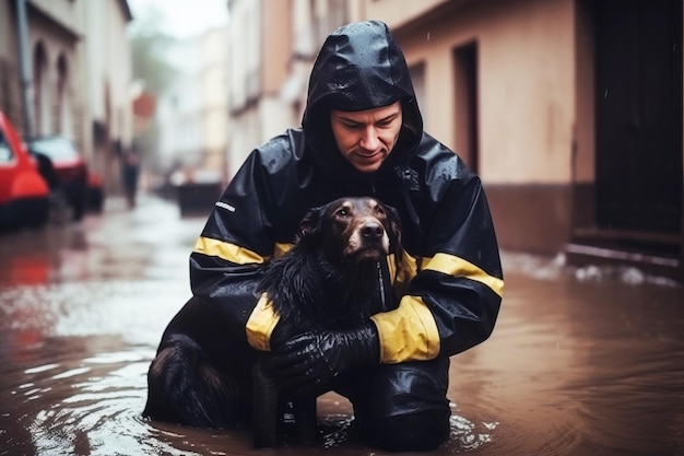 Um salvador ajuda um cão assustado a evacuar uma inundação. Um desastre natural devastador gerado por IA.