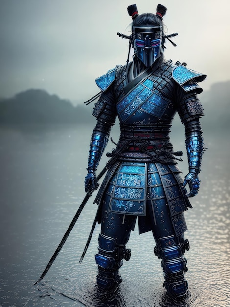 Foto um samurai azul com uma espada no meio.
