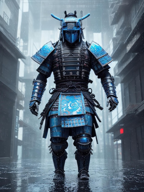 Um samurai azul parado em uma cidade escura.