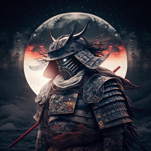 Um samurai com uma lua ao fundo