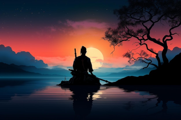 Um samurai de arte de silhueta meditando sob a lua cheia