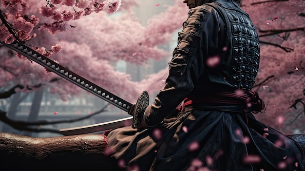 Foto um samurai do período sengoku sob uma cerejeira