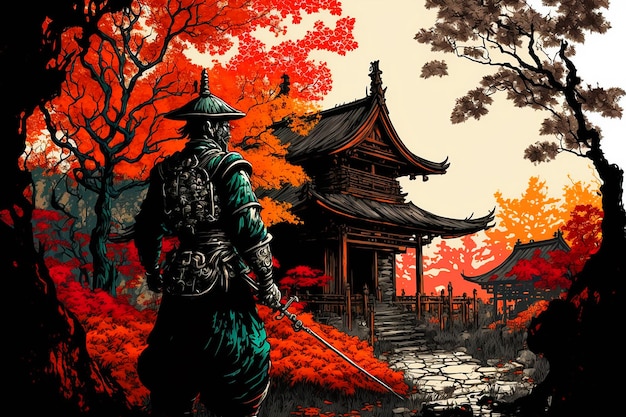 Um samurai está na frente de uma árvore vermelha.