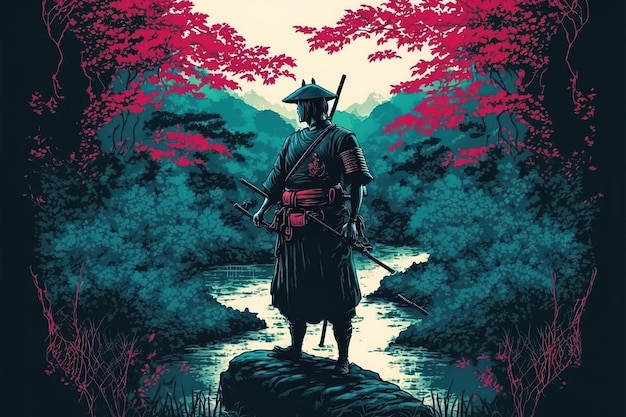 Um samurai fica perto de uma cachoeira