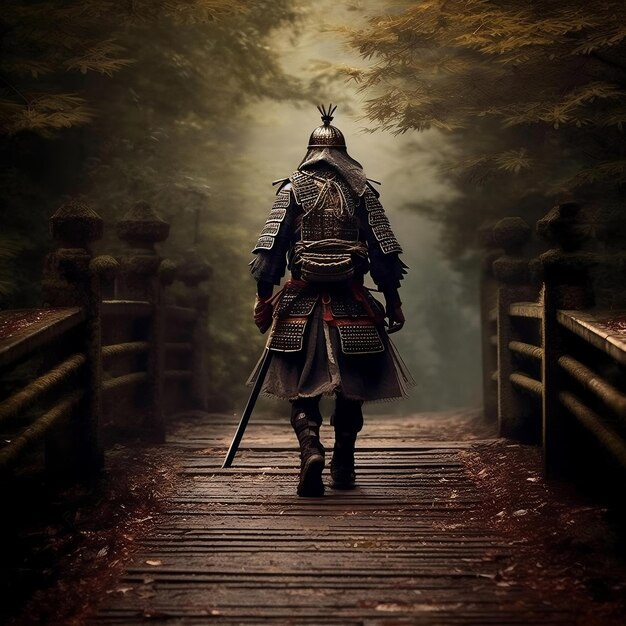 Foto um samurai guerreiro caminha por uma ponte na floresta.