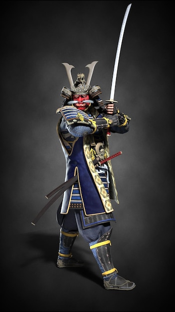 Um samurai japonês com uma espada desembainhada. Ilustração 3D