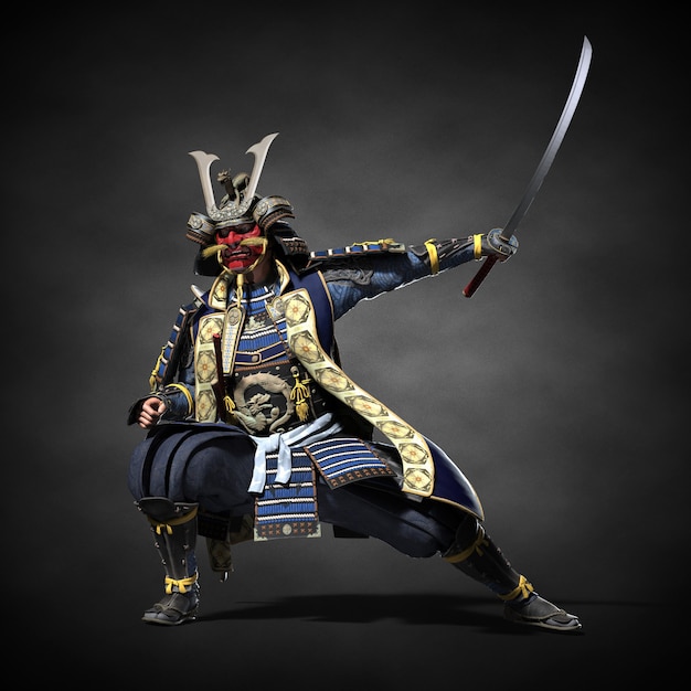 Foto um samurai japonês com uma espada desembainhada. ilustração 3d