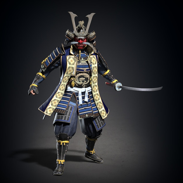 Um samurai japonês com uma espada desembainhada. Ilustração 3D