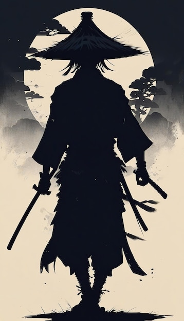 Um samurai na floresta com uma lua cheia na noite