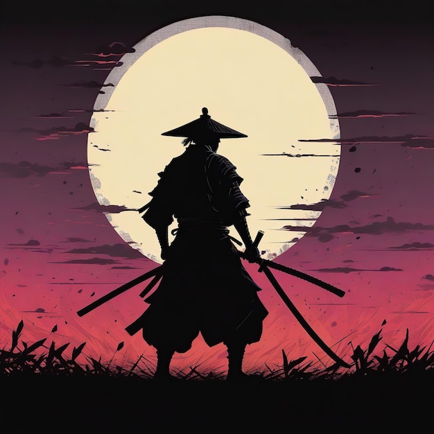 Um samurai na floresta com uma lua cheia na noite