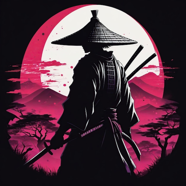 Um samurai na floresta com uma lua cheia na noite