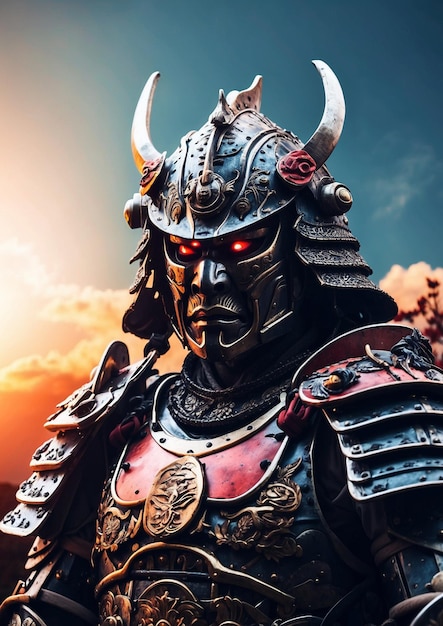 Um samurai totalmente blindado com um sol nascente esculpido em sua armadura e olho vermelho