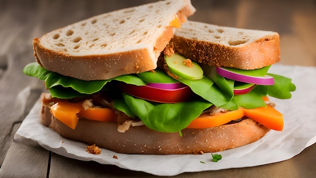 Um sanduíche com alface, tomate e pepino
