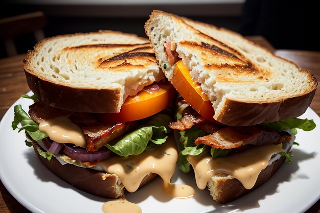 Um sanduíche com bacon e queijo nele